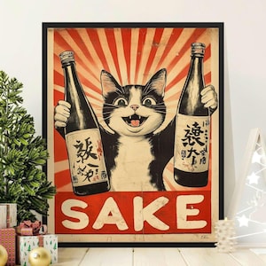 Vintage Japanese Cat Sake Poster, Cute Retro Wall Art, Fun Cat and Sake Bottles Print, Unique Kitchen Decor, Vintage Style Print