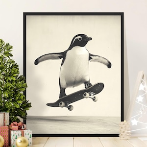 Adorable Penguin Skateboarding Wall Art Print, Animal Lover Gift, Cute Wall Decor for Kids Room, Fun Print for Skateboarding Fans