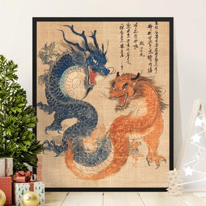 Blue and Orange Dragon Canvas Wrap, Japanese Art Poster, Asian Dragon Decor, Mythical Creatures Wall Art, Dragon Painting Print