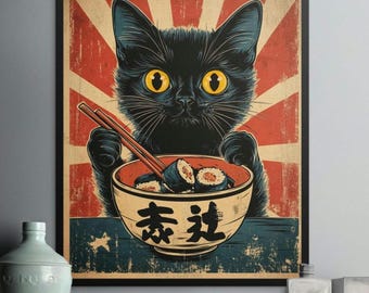 Retro Sushi Cat Poster, Japanese Food Art Print, Ramen Wall Decor