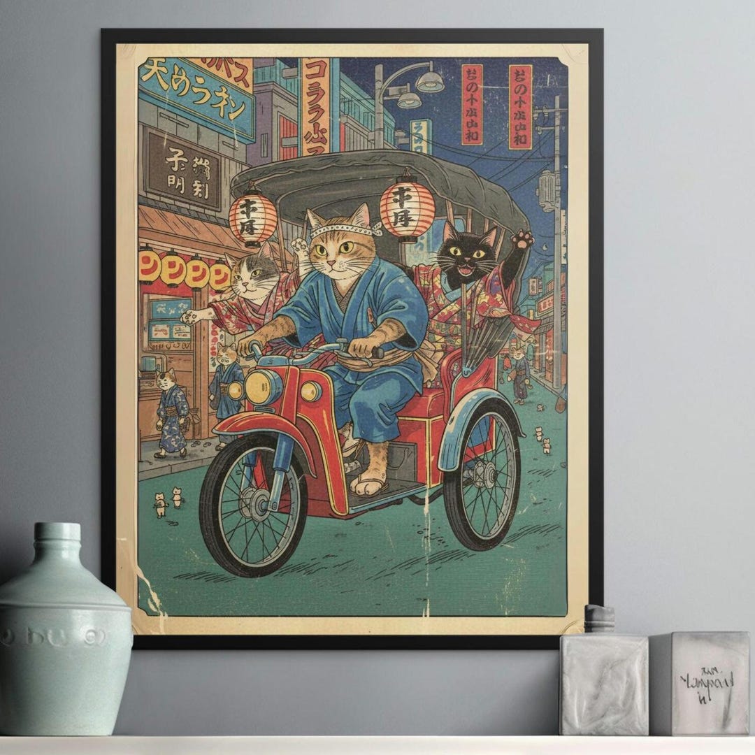 Cat Rickshaw Ukiyo-e Art Print, Funny Japanese Wall Decor - Etsy