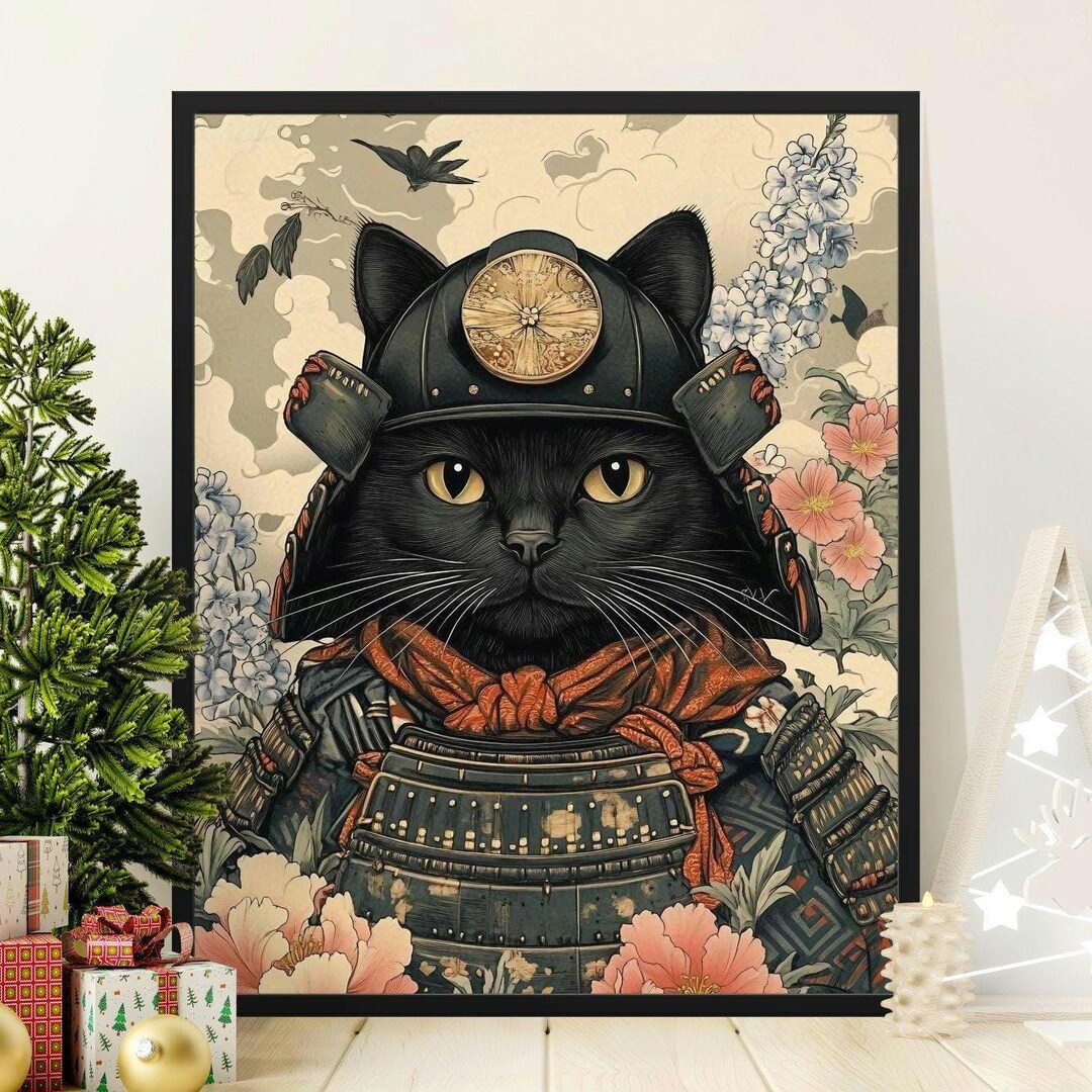 Samurai Cat Art Print, Japanese Warrior Cat Poster, Unique Animal Wall ...