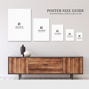a poster size guide for international paper sizes A1-A5, with a wooden cabinet and a vase on a white wall.