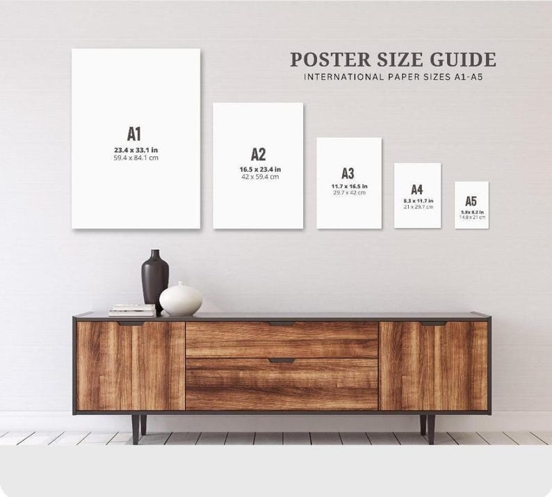a poster size guide for international paper sizes A1-A5, with a wooden cabinet and a vase on a white wall.