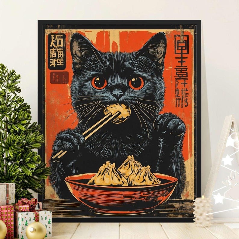 Vintage Cat Art Poster, Retro Cat Eating Dumplings Print, Chinese