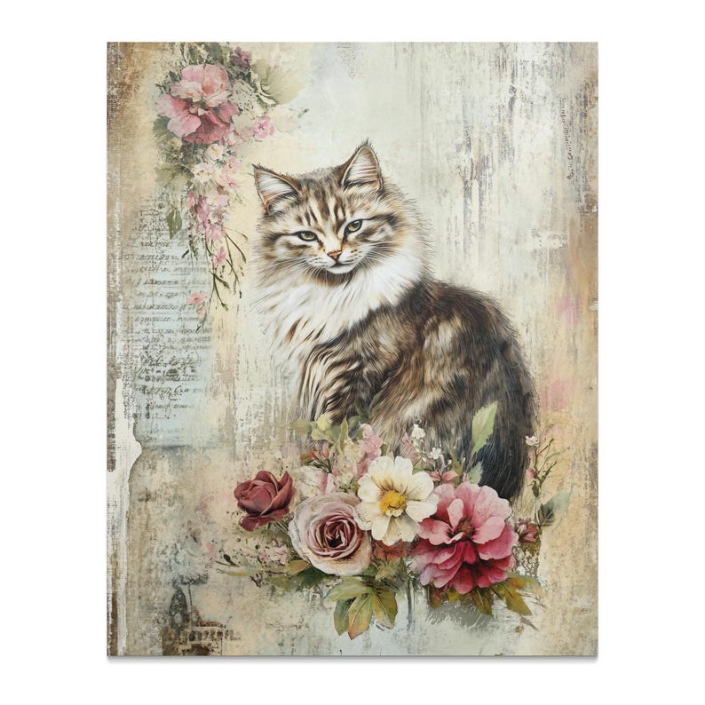 Vintage Cat Poster, Floral Cat Art Print, Romantic Cat Wall Decor