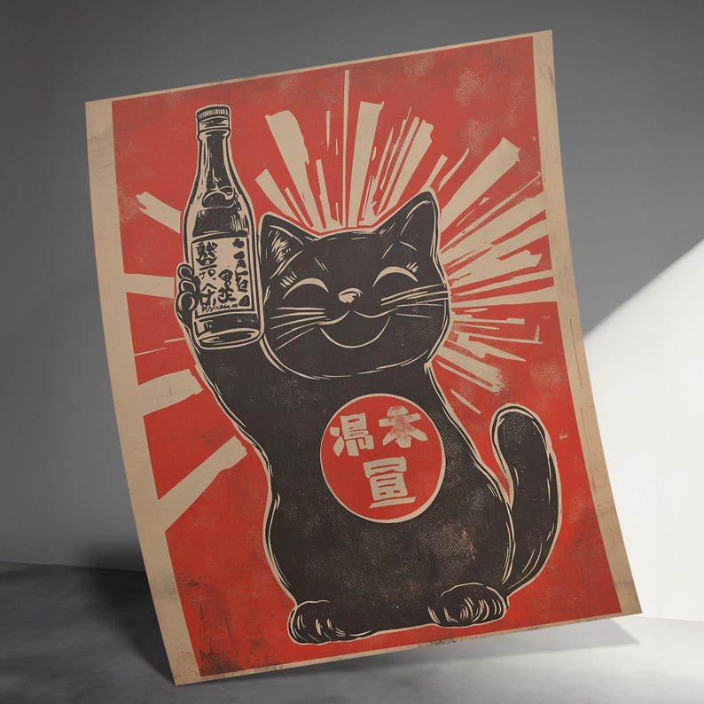 Lucky Cat Print Wall Art, Maneki Neko Poster, Japanese Retro Decor