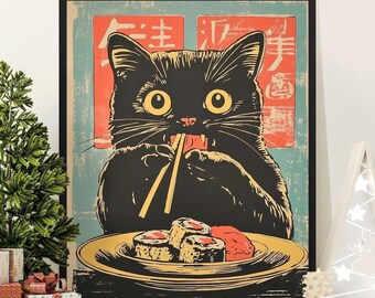 Japanese Sushi Cat Art Print, Kawaii Black Cat Decor