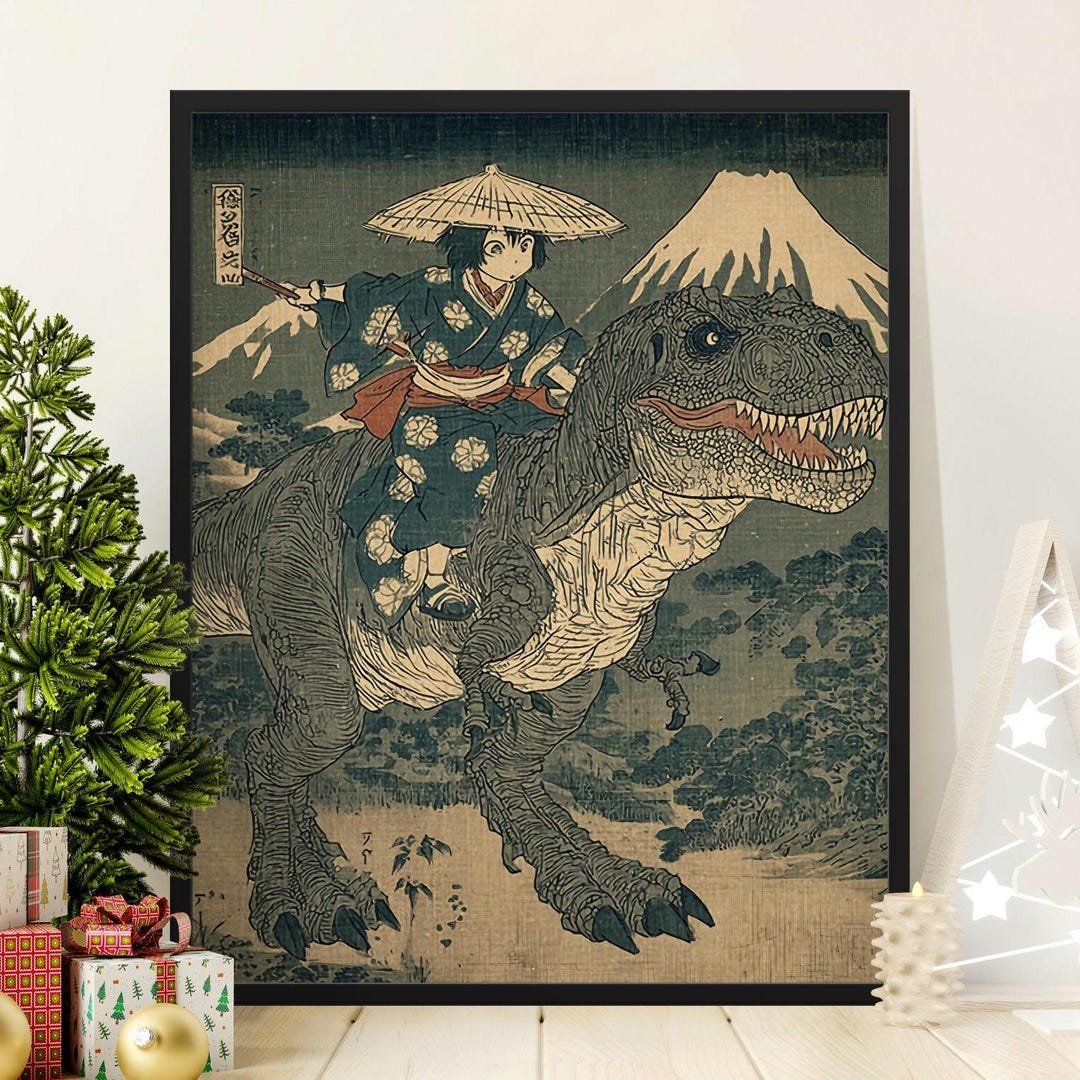 Japanese Dinosaur Rider Ukiyo-e T-rex Rider Art Print, Japanese Anime Girl Riding Dinosaur ...