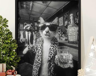 Cool Cat Bar Canvas Print, Funny Animal Wall Art, Speakeasy Vibe Poster, Home Bar Gift, Can Be Customised To Your Pet Or Pets
