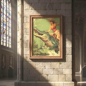 Cowgirl Riding Alligator Art Print, Retro Americana Western Decor, Can Be Customised image 2