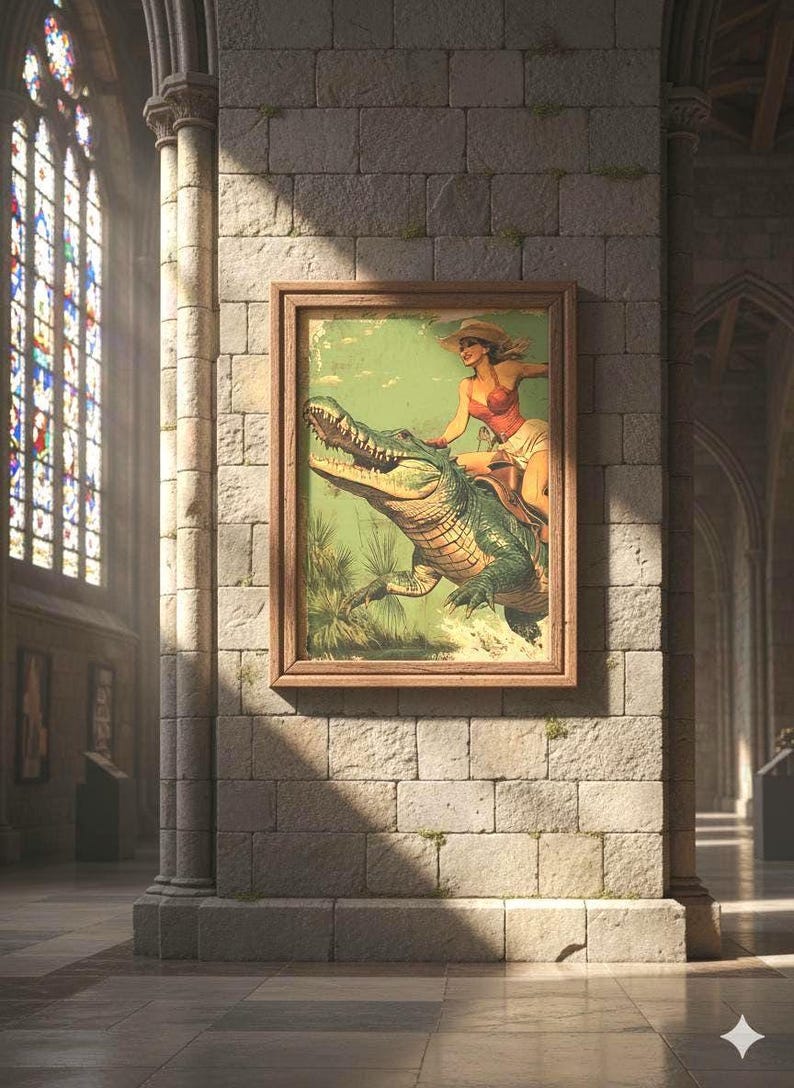 Cowgirl Riding Alligator Art Print, Retro Americana Western Decor, Can Be Customised image 2