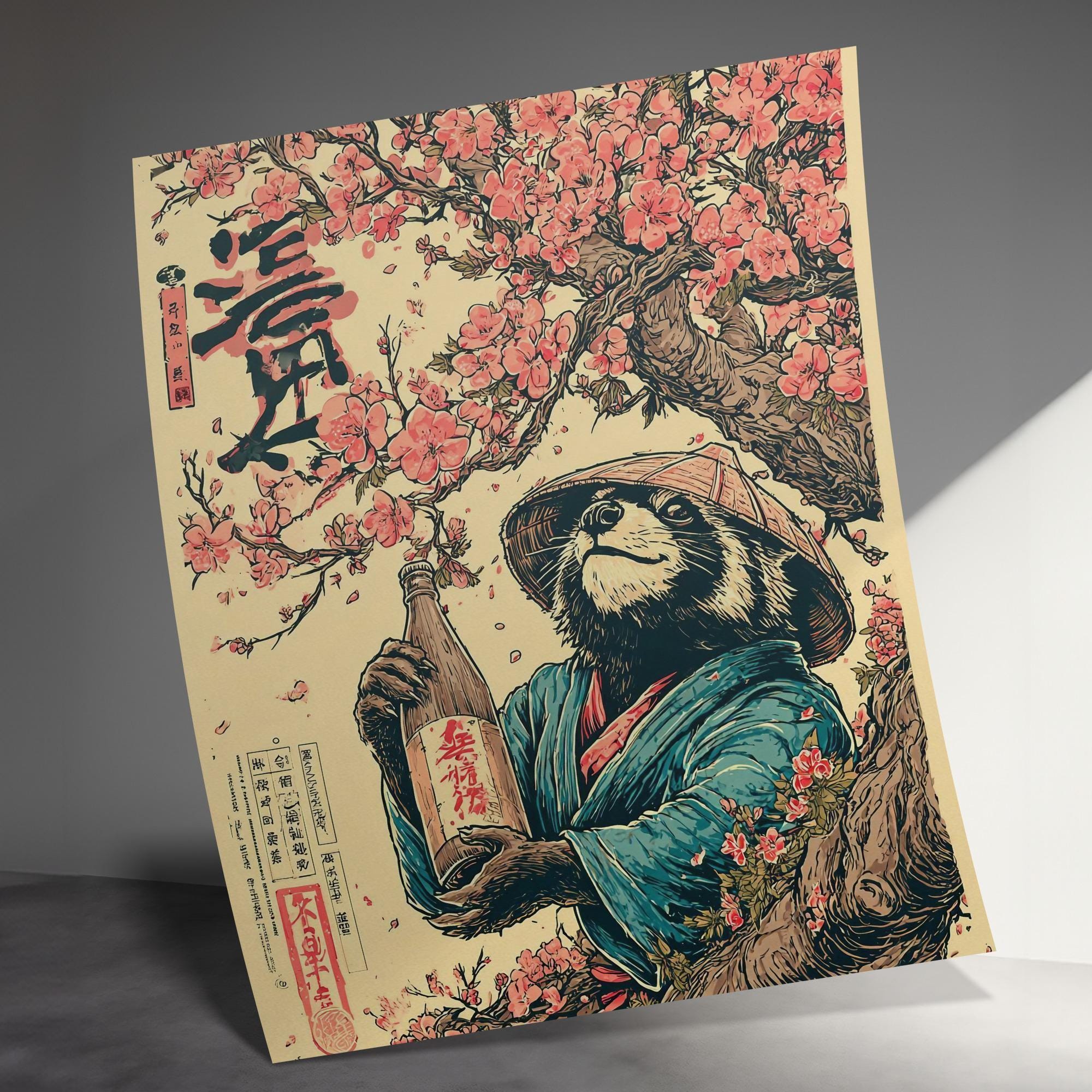 Tanuki Art Print, Japanese Raccoon Dog With Cherry Blossoms (various ...