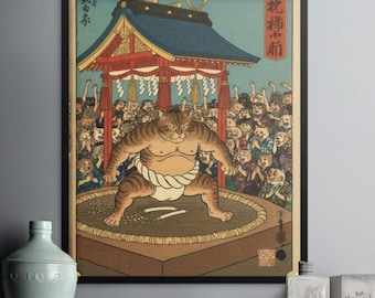 Sumo Cat Canvas Print, Funny Japanese Ukiyo-e Art