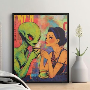 Alien Coffee Art Print, Retro Pop Art Poster, Vintage Sci-Fi Wall Decor, Colorful Fantasy Print, Alien and Girl Poster, Alien & Animal Art