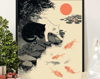 Japanese Cats Koi Pond Print, Ukiyo-e Style Black White Wall Art