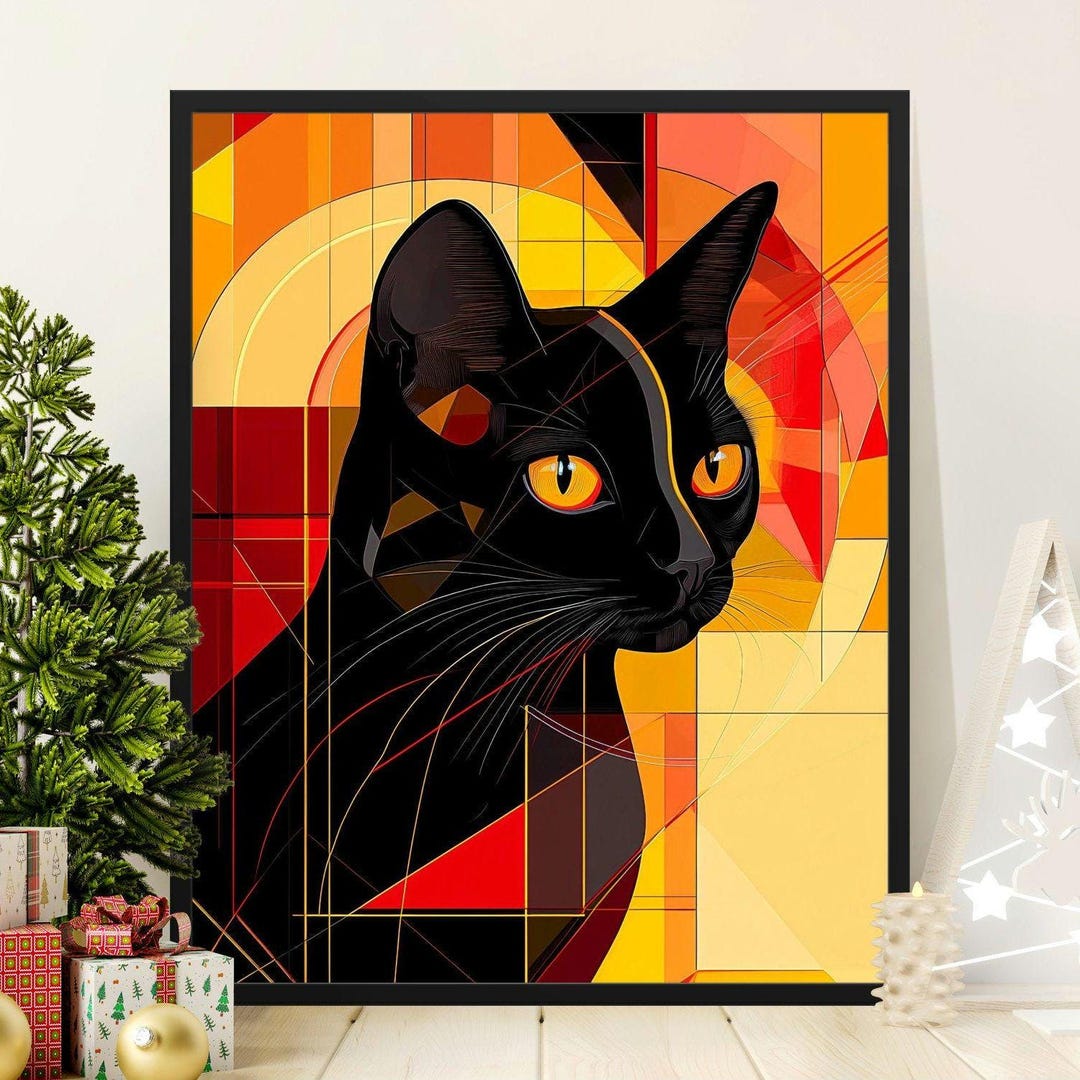 Black Cat Abstract Geometric Wall Art, Modern Animal Art Print, Unique ...