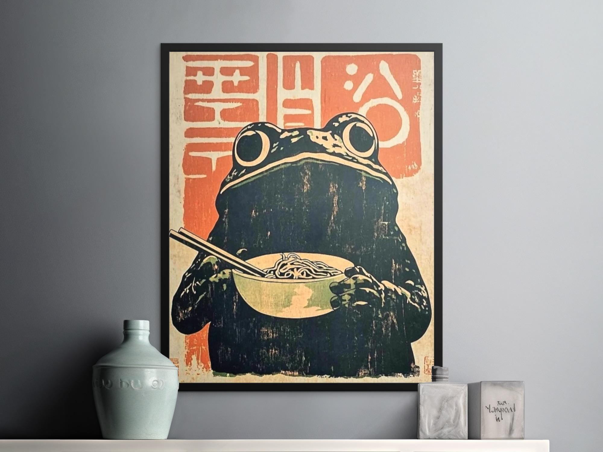 Retro Frog Ramen Poster, Frog Eating Ramen Print, Ramen Noodles Wall Art, Quirky Kitchen Decor, Japanese Inspired Poster, Unique Wall Art