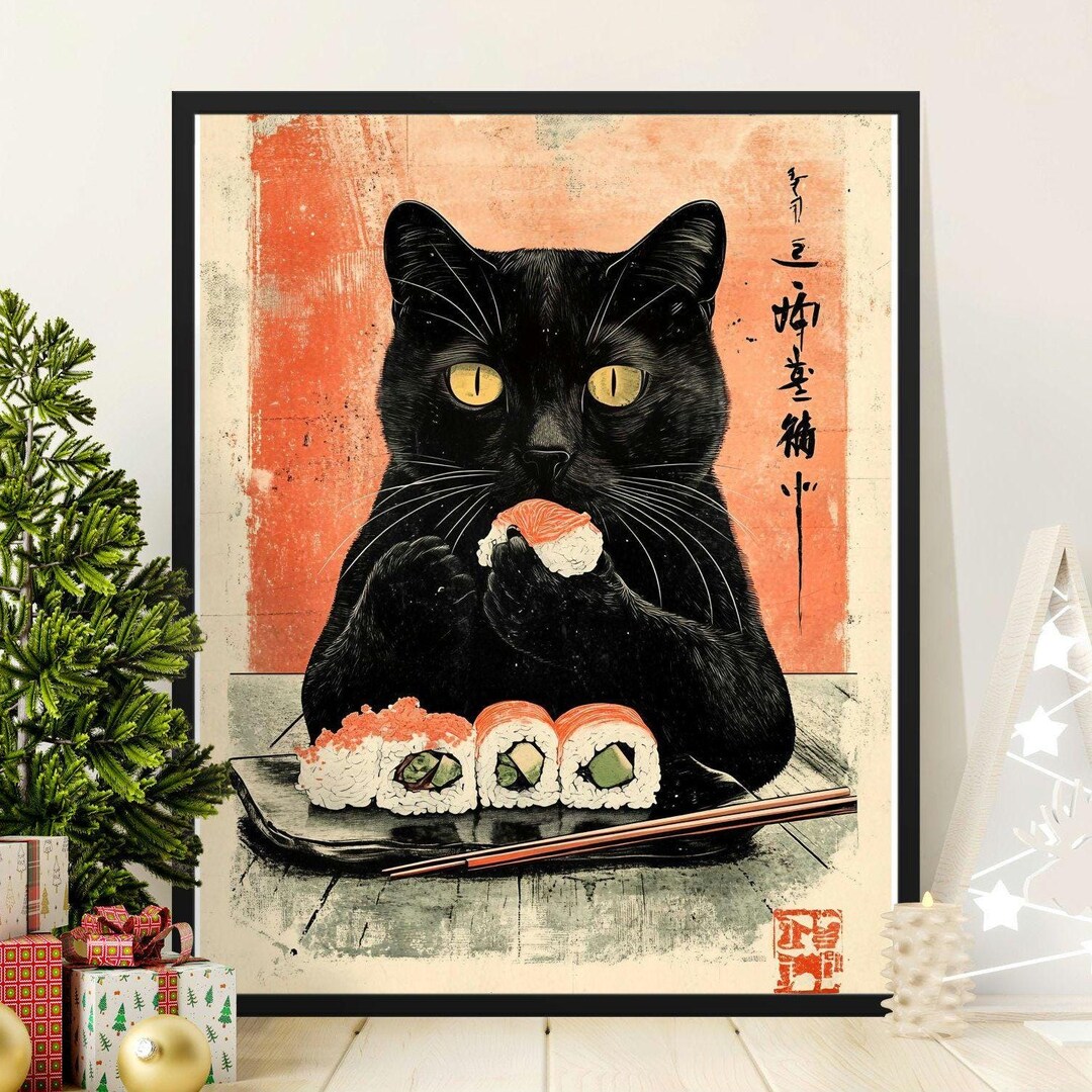 Cat Eating Sushi Poster, Black Cat With Sushi Art Print, Japanese ...