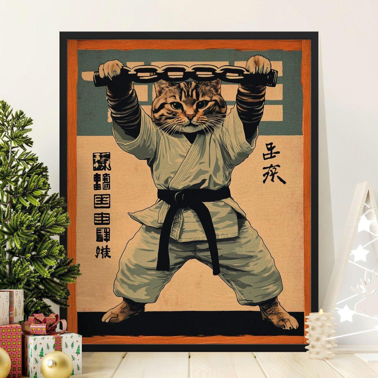 Japanese Cat Poster Martial Arts Print Whimsical Wall Art Vintage Animal Art Fighting Cat Decor Karate Cat Art