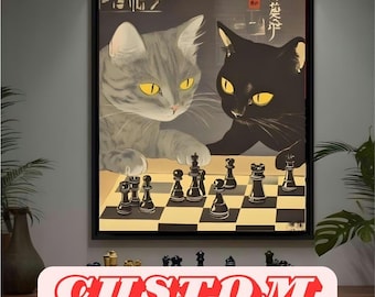May include: A framed print featuring two cats playing chess. One cat is gray, the other is black, both with yellow eyes. The chess board is in the center, with black and white squares. The word "CUSTOM" is at the bottom.