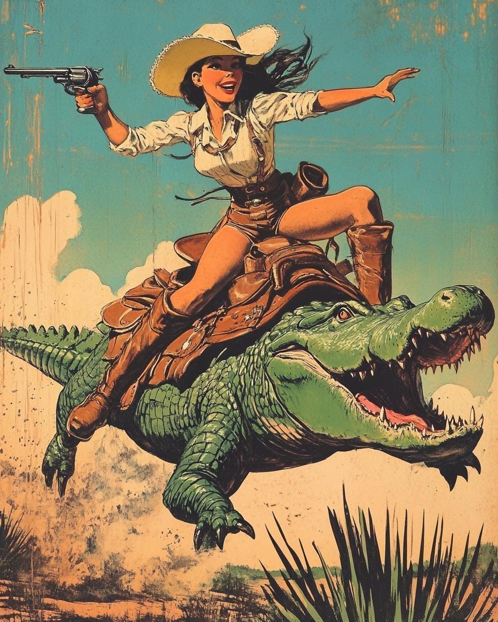 Knight Riding Alligator Cowgirl Riding Alligator Art Print, Retro Western Illustration - Etsy