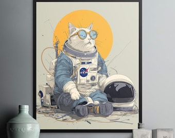 Cat Astronaut Poster, Space Suit Animal Art Print, Whimsical Wall Decor