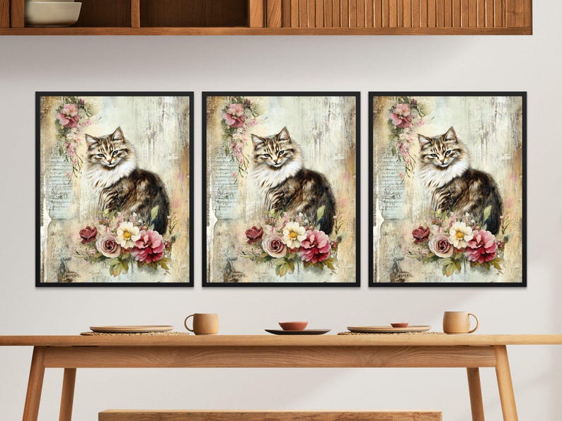 Vintage Cat Poster, Floral Cat Art Print, Romantic Cat Wall Decor