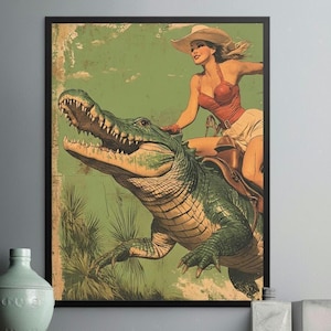 Cowgirl Riding Alligator Art Print, Retro Americana Western Decor