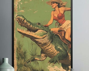 Cowgirl Riding Alligator Art Print, Retro Americana Western Decor