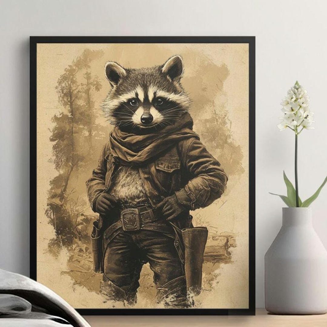 Western Raccoon Cowboy Vintage Style Art Print, Animal Character Poster ...