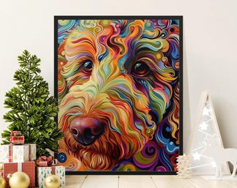 May include: A rectangular wall art print featuring a vibrant, psychedelic-style portrait of a dog with curly fur. The artwork uses a swirling palette of orange, yellow, blue, purple, and green colors, all encased within a simple black frame.