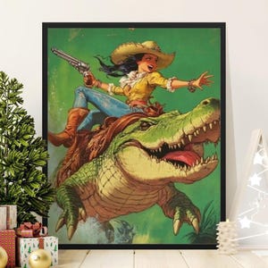 Retro Cowgirl Riding Alligator Art Print, Unique Western Decor