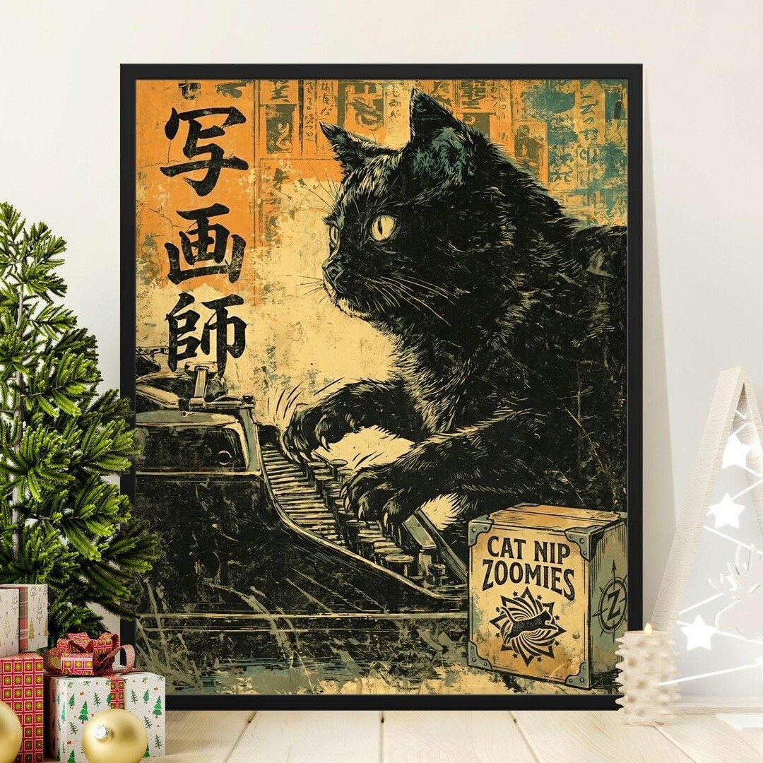 Retro Black Cat Art Print, Japanese Feline Decor, Cat Lover Gift ...