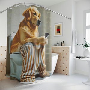 Funny Shower Curtain, Dog Lover Decor, Whimsical Bathroom, Golden Retriever Art, Unique Pet Accessory, Humorous Home Gift