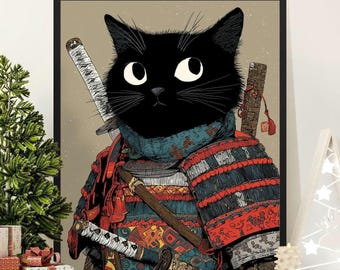 Samurai Black Cat Art Print, Feline Warrior Poster, Funny Cat Lover Gift