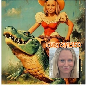 Cowgirl Riding Alligator Art Print, Retro Americana Western Decor, Can Be Customised image 8