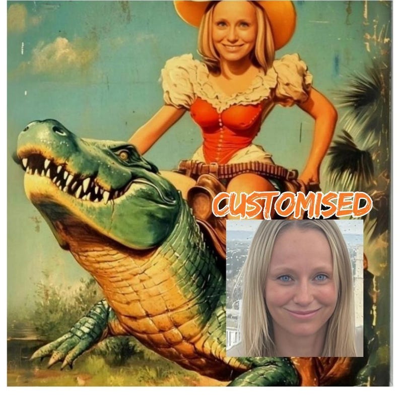 Cowgirl Riding Alligator Art Print, Retro Americana Western Decor, Can Be Customised image 8
