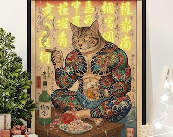 Tattooed Yakuza Cat Print, Japanese Ukiyo-e Style Art