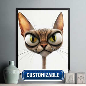 Custom Personalised Quirky Big Eyed Cat Wall Art Print, Funny Animal Poster, Unique Cat Lover Gift, Cute Pet Decor, Cartoon Cat Illustration