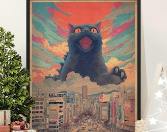 Giant Kaiju Cat Print, Retro Tokyo City Monster Poster, Pop Art Cat Lover Gift