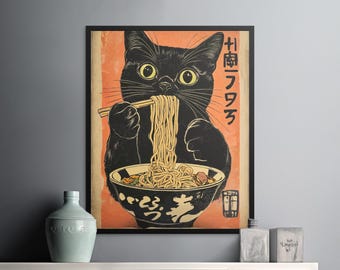 Vintage Cat Eating Ramen Noodles Poster, Funny Black Cat Wall Art, Kitchen Decor, Japanese Inspired Cat Art Print, Unique Cat Lover Gift