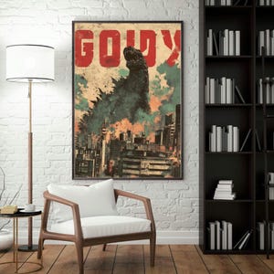 Godzilla Poster, Monster Movie Art, Japanese Kaiju Art, Urban Destruction Print, Sci Fi Film Decor, Vintage Style Poster