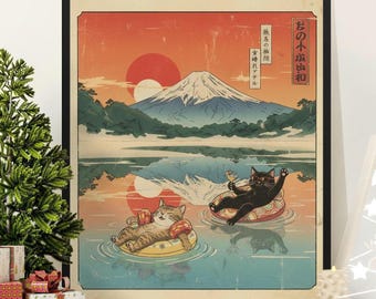 Ukiyo-e Cat Fuji Print, Funny Japanese Wall Art