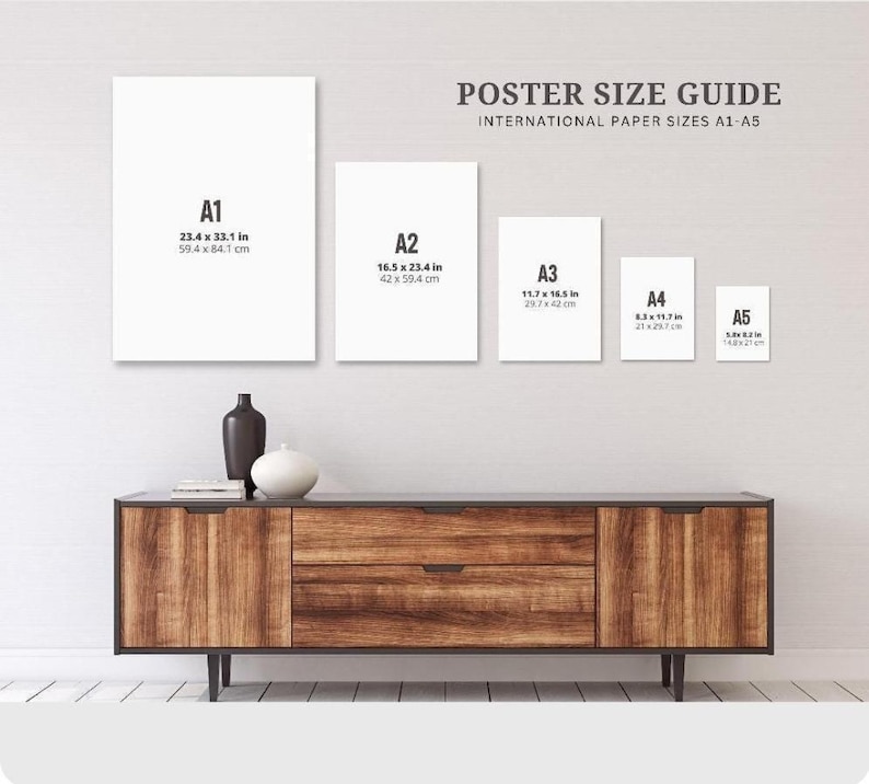 a poster size guide for international paper sizes A1-A5, with a wooden cabinet and a vase on a white wall.
