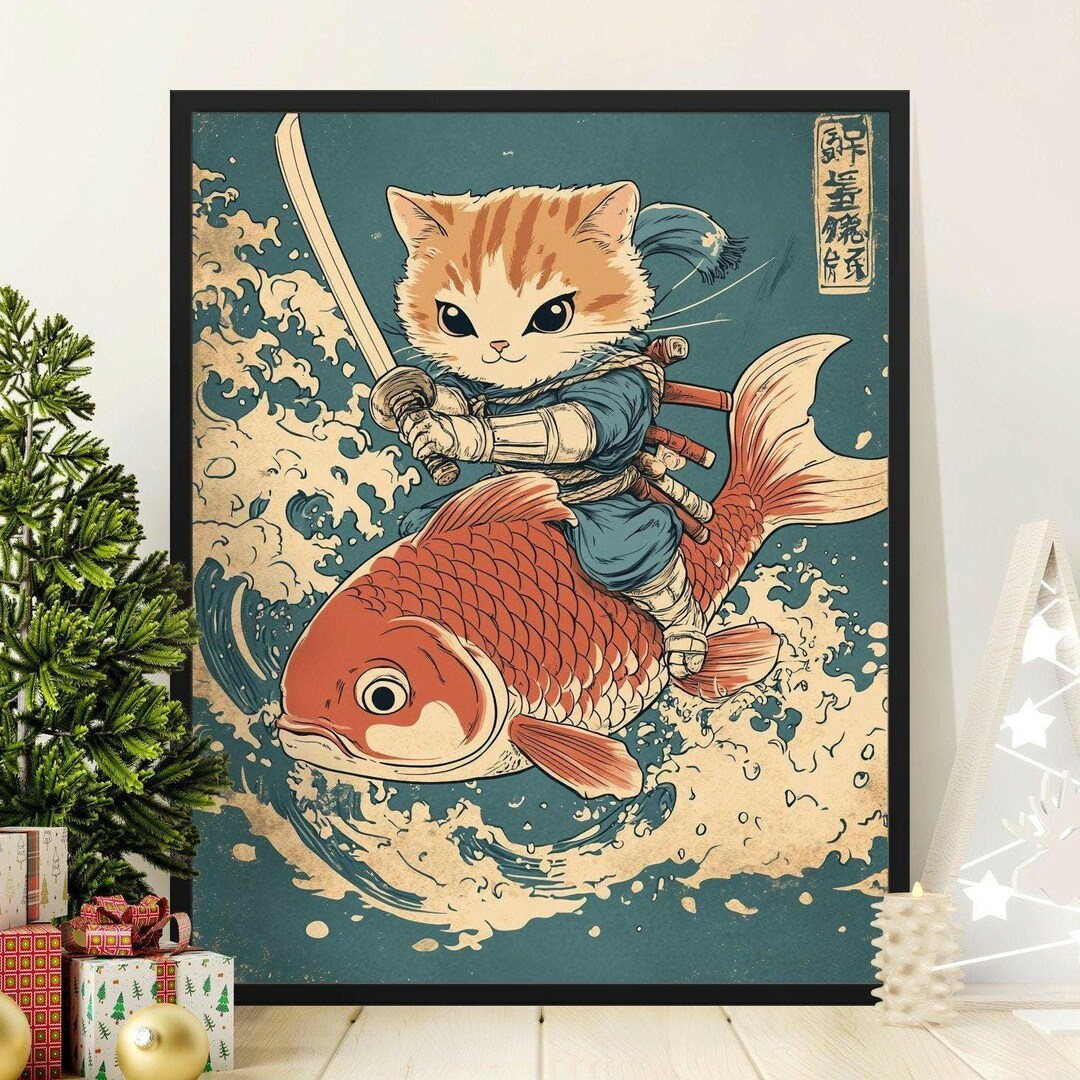 Cute Ninja Cat Riding Koi Fish Poster, Japanese Style Artwork ...