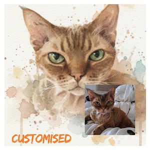 A watercolor painting of a cat with green eyes, and a smaller photograph of the same cat on a bed.