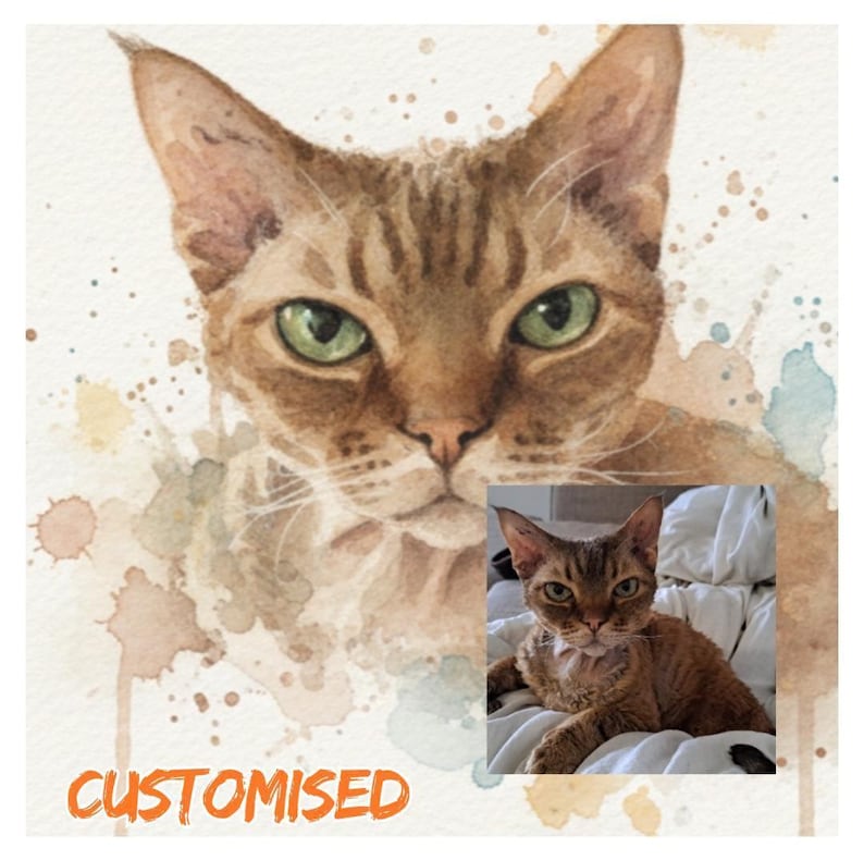A watercolor painting of a cat with green eyes, and a smaller photograph of the same cat on a bed.