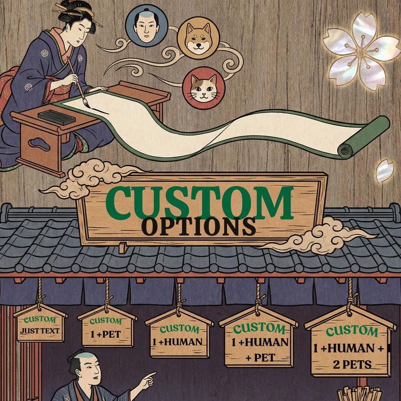 The image is a collage featuring a woman writing on a scroll, a cat, and a dog, along with a sign for custom options.
