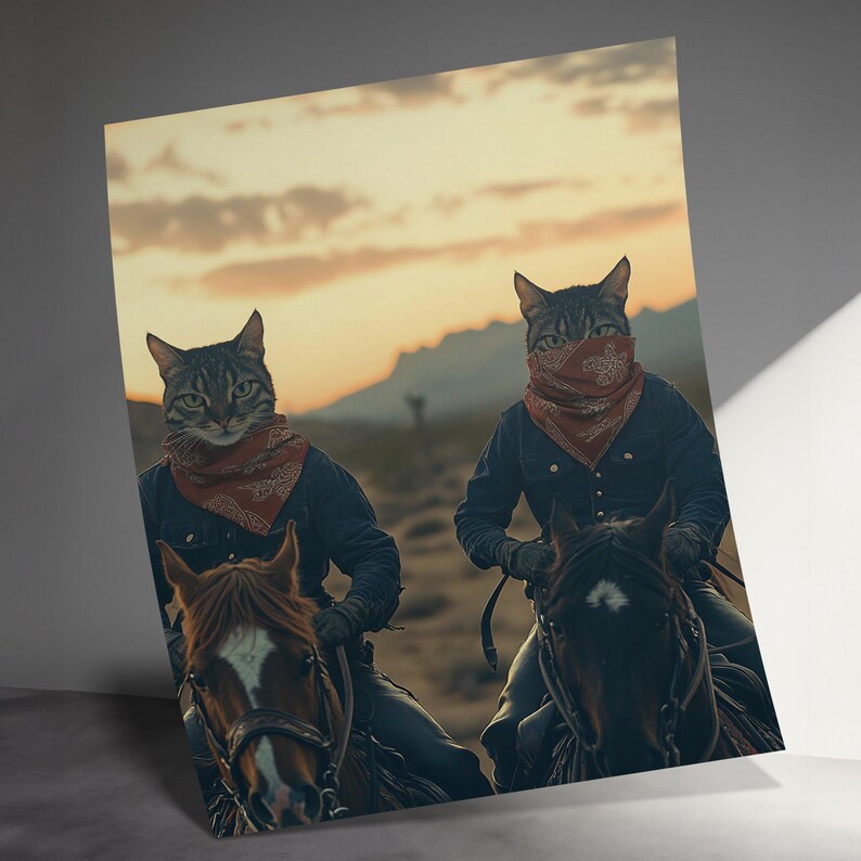 Quirky Cowboy Cat Wall Art, Funny Cats on Horses Print, Western Themed